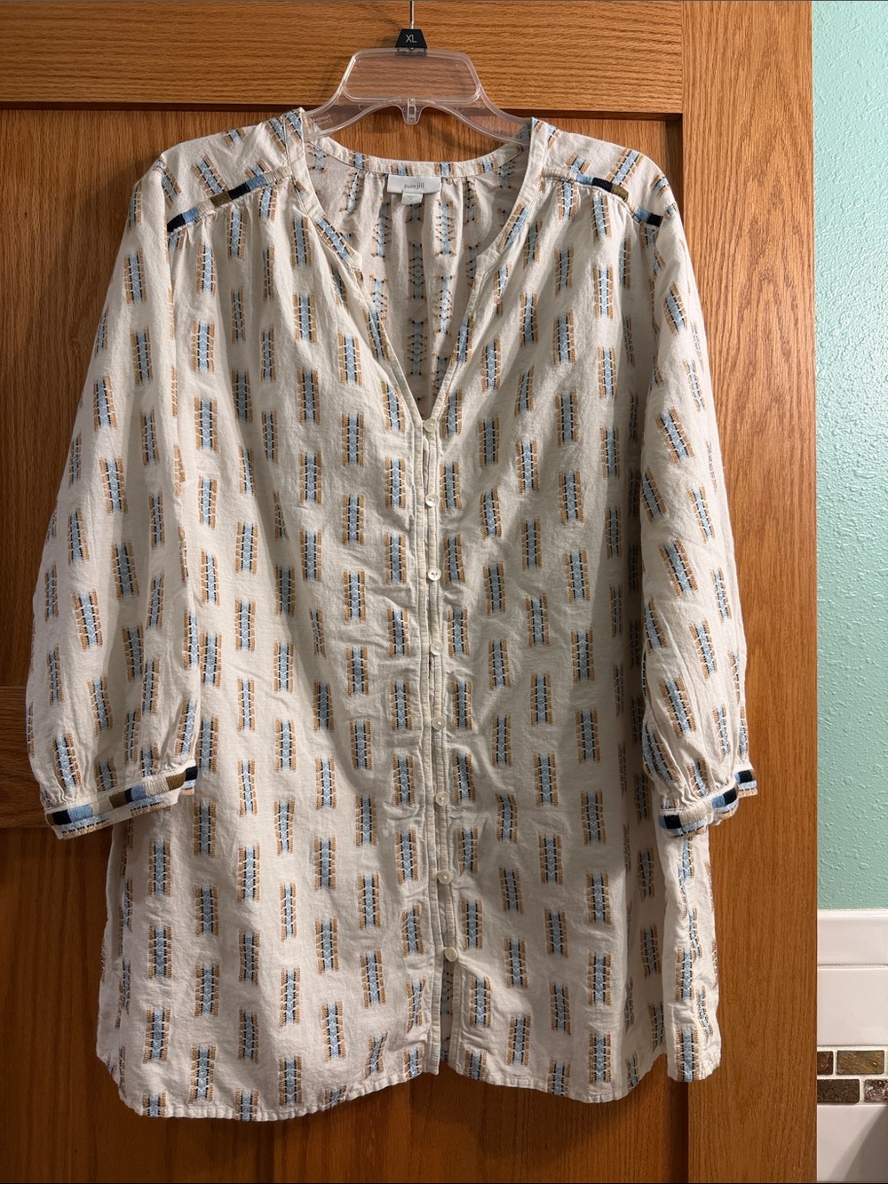 Pure Jill Light Cream Button-Front Women's Tunic with embroidery